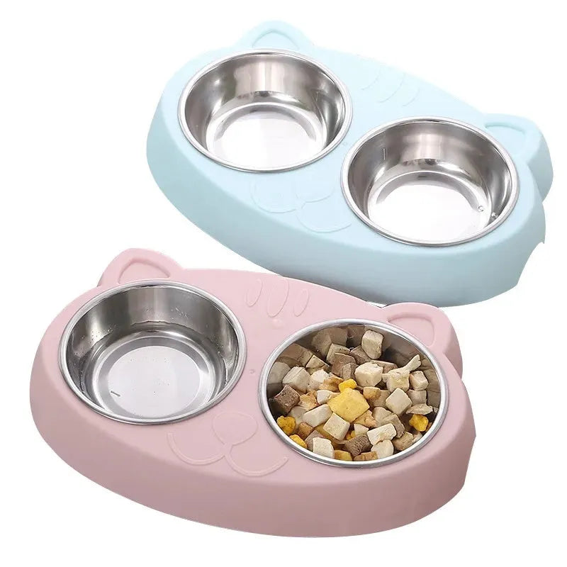Plastic double bowl pet feeder tray in macaron colours for cat and dog food and water