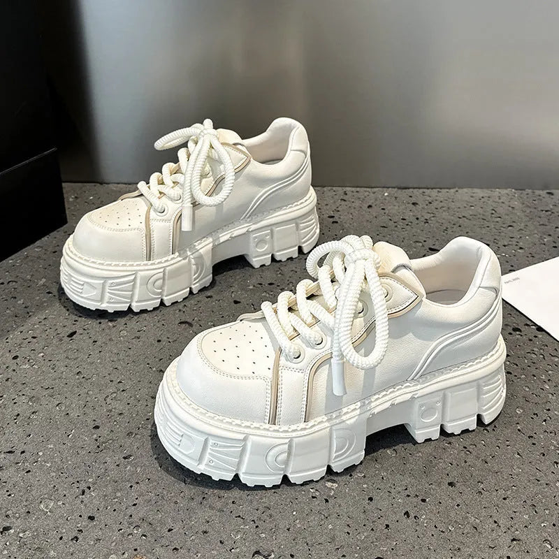 Spring muffin bottom leather casual shoes in beige or pink with height increasing design and rubber foam soles