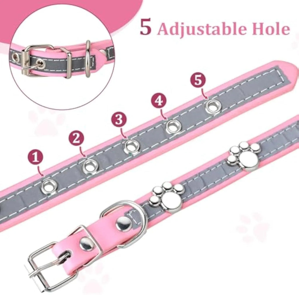 Reflective PU leather dog collar with metal buckle and decorative paw rivet, shown on a size chart.