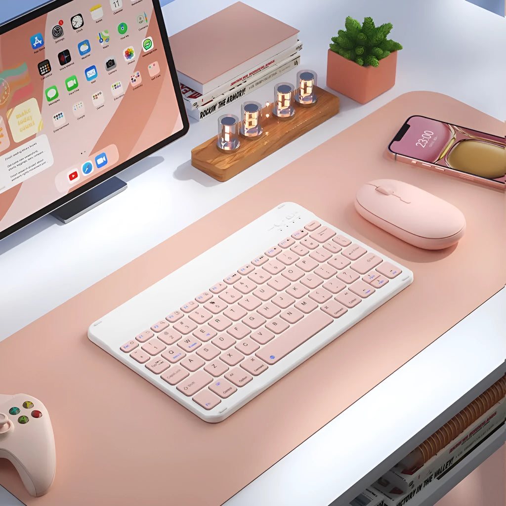 Bluetooth keyboard for tablets and PCs in a choice of colours including white, green, and pink.