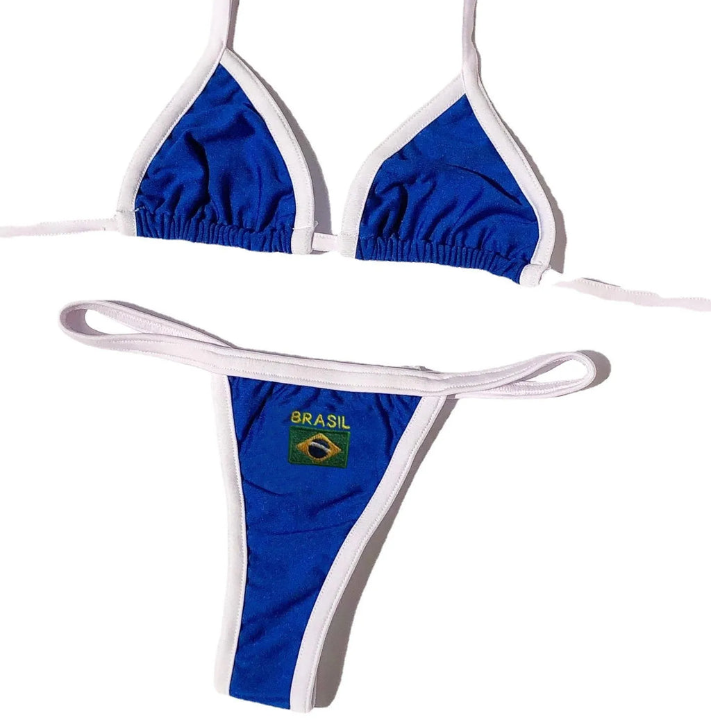 Women's blue polyester bikini set with T-back bra top and shorts-length bottoms on a mannequin.