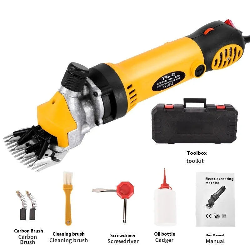 Yellow American 110V electric wool shearing machine with multiple blade sets and accessories