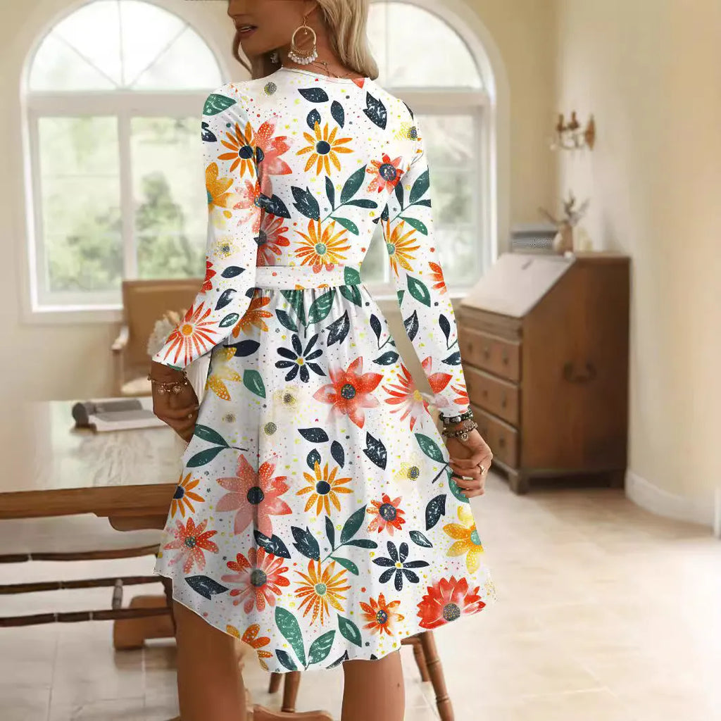 Round neck long sleeve mid-waist printed polyester dress for women, pullover style, available in multiple sizes