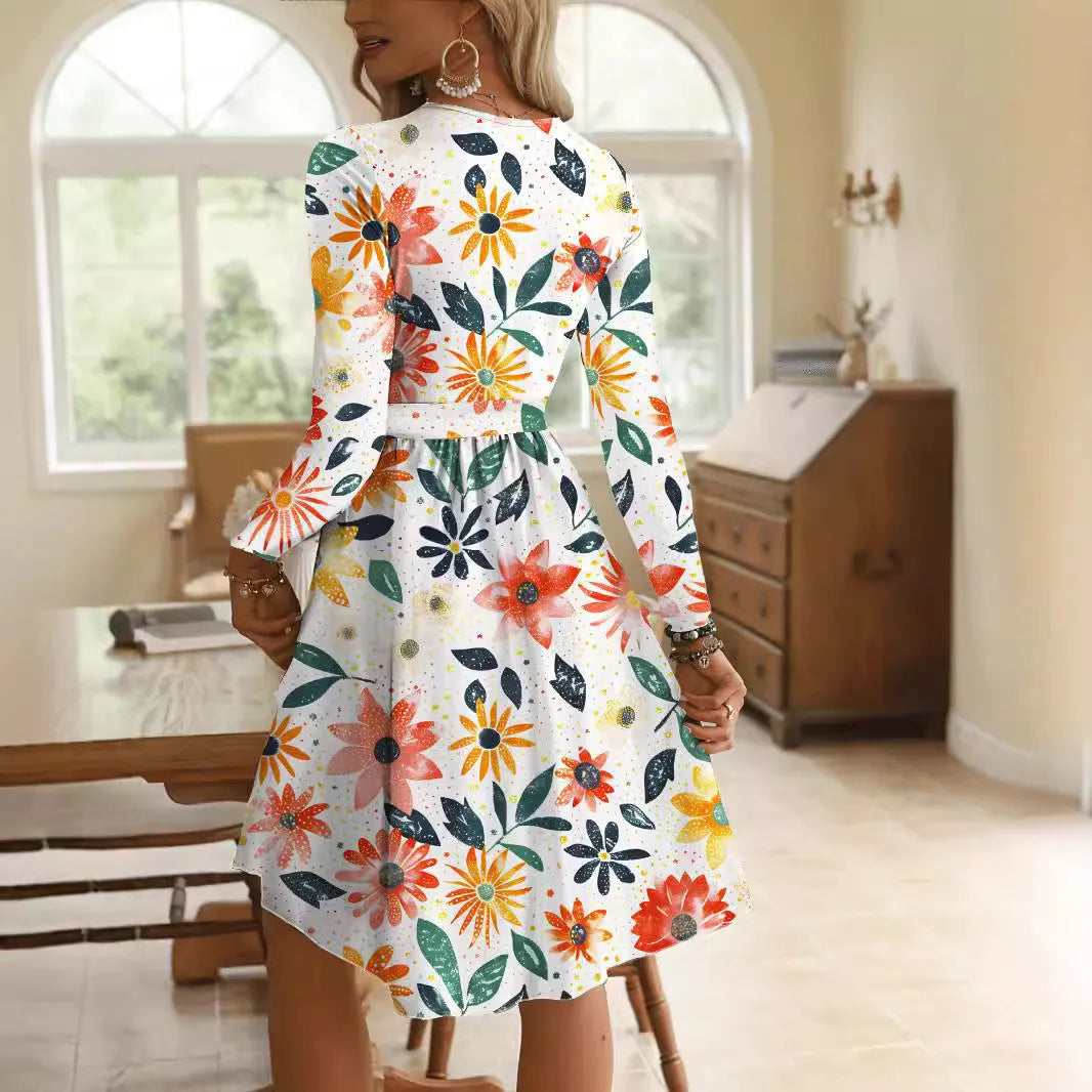 Round neck long sleeve mid-waist printed polyester dress for women, pullover style, available in multiple sizes