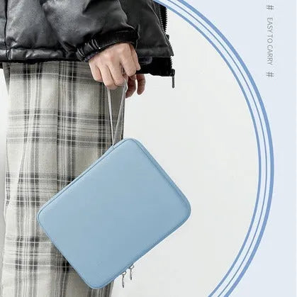 Imitation leather tablet protective case with fabric lining and a handle in light grey colour