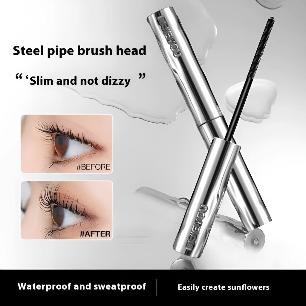 Waterproof mascara in black and brown steel tubes with optional eyelash curler