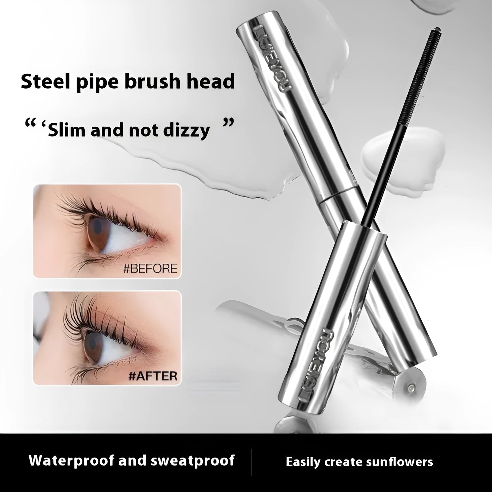 Waterproof mascara in black and brown steel tubes with optional eyelash curler