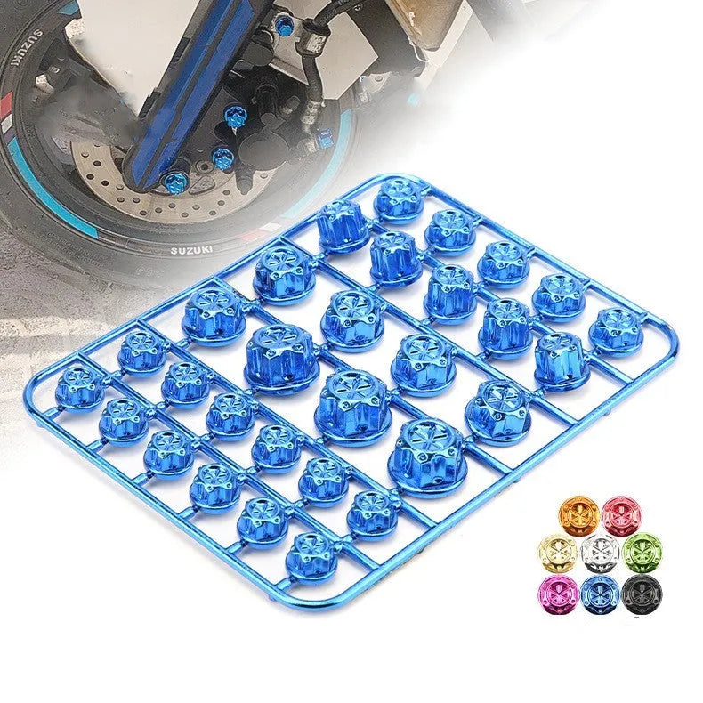 30-piece motorcycle screw cap set in eight colours including black, red, gold, blue, silver, green, orange and purple