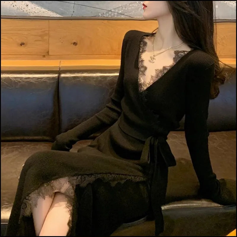 Black slim fit woolen skirt with princess dress styling on mannequin