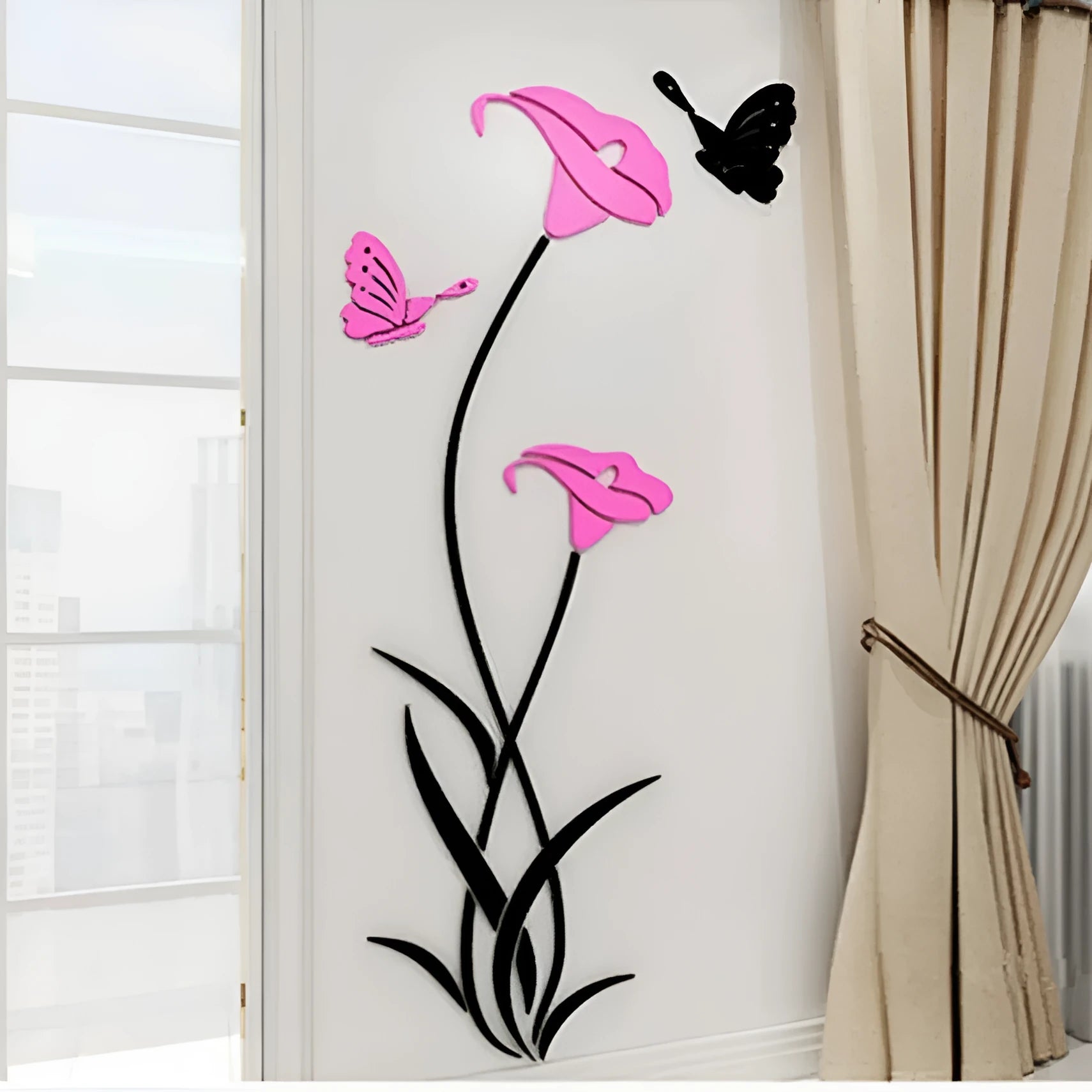 Three-dimensional acrylic lily flower wall sticker in pink colour with realistic petal detail