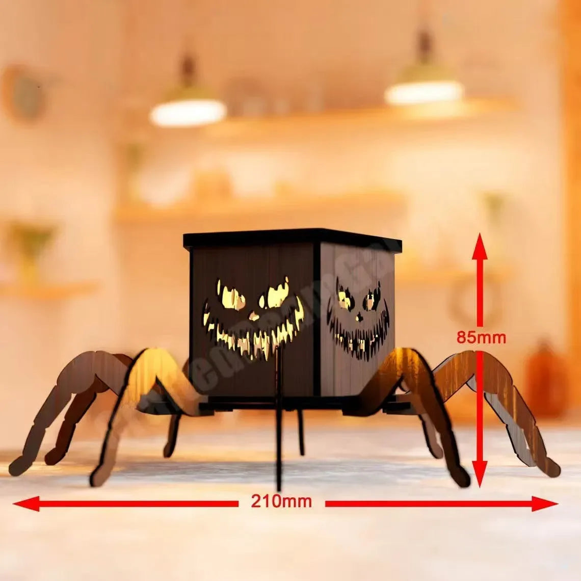 Wooden spider-themed lantern candlestick decoration measuring 21cm tall