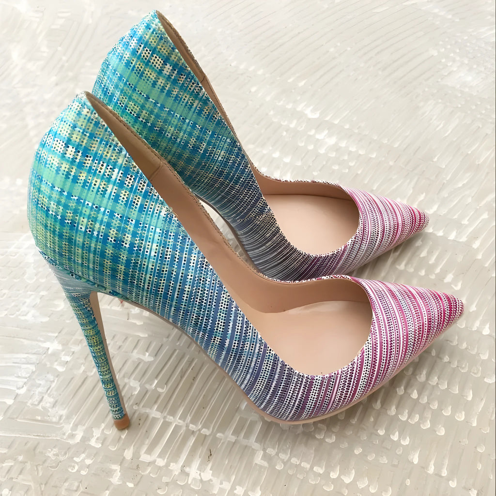 Pink blue gradient patent leather pointed toe high heels with sheepskin insoles on rubber soles