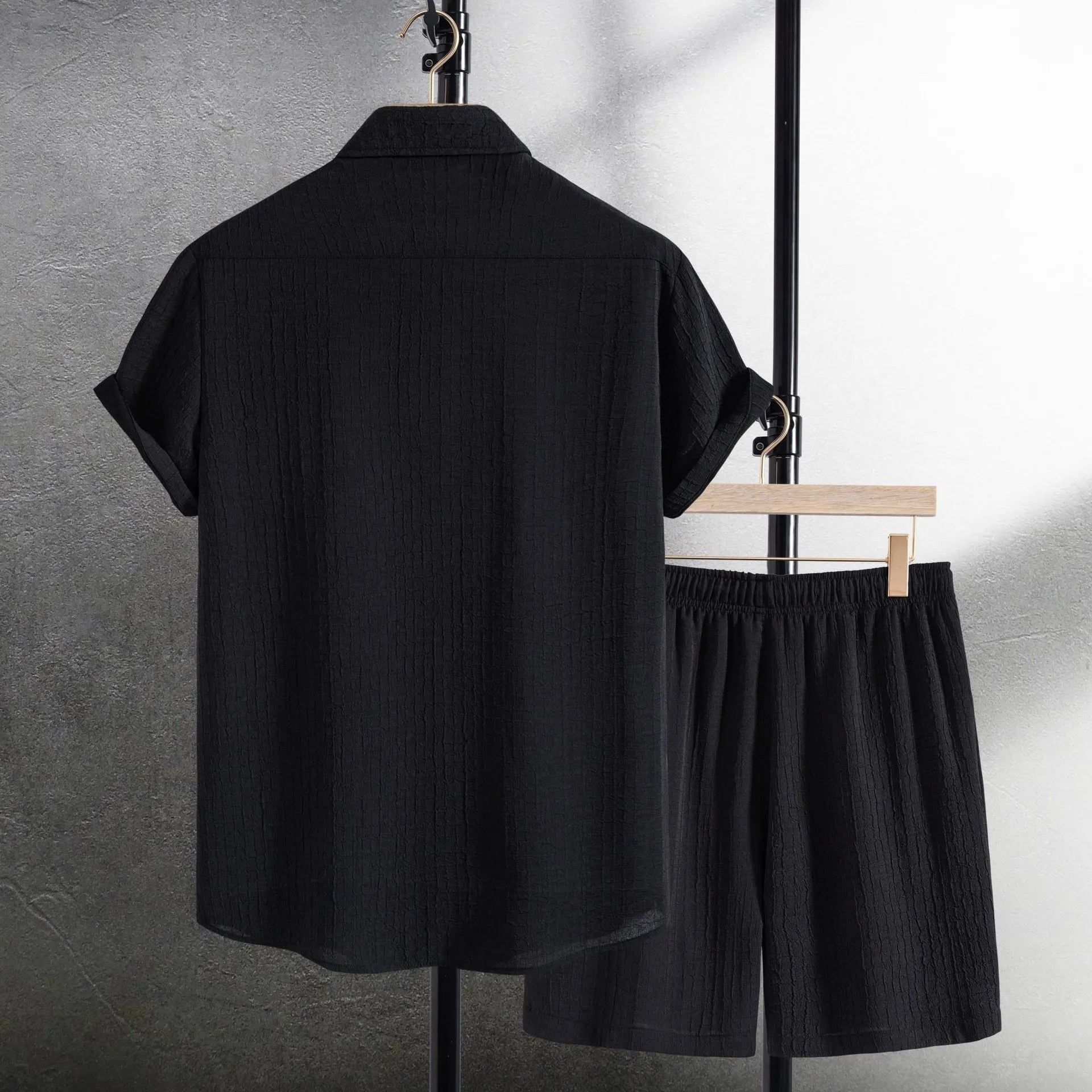 Men's black Jacquard pattern cotton blend short sleeve shirt and matching shorts casual suit