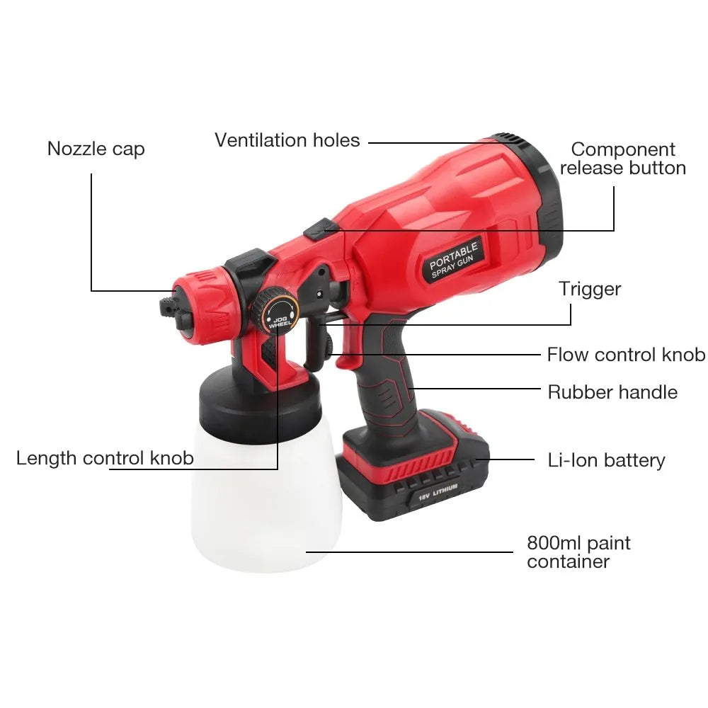 Blue cordless automatic paint spray gun with a large water can, showing its nozzle and battery compartment.