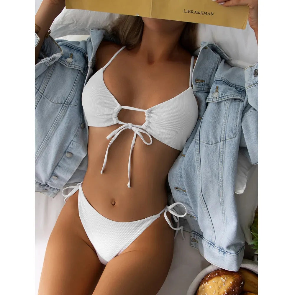 Women's drawstring bikini swimsuit in solid colour with backless briefs design