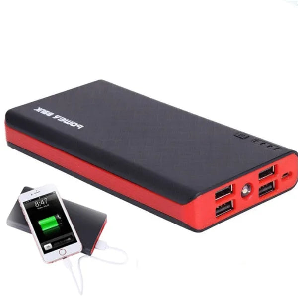 20000mAh mobile power bank in red, blue, green, yellow, and black colours showing front display and charging ports