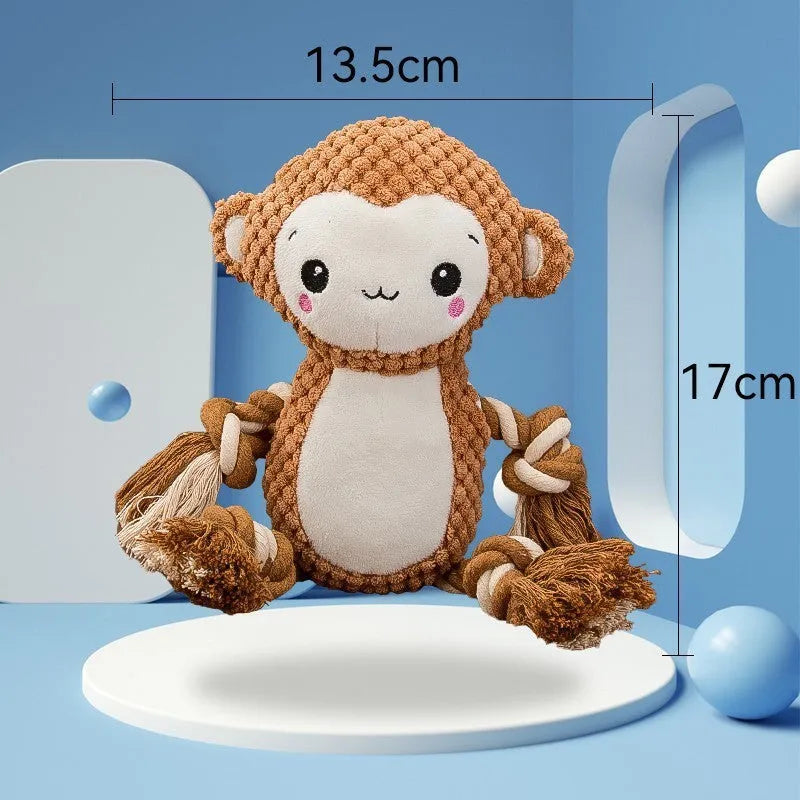 Plush squeaky dog toy assortment showing Lion and Monkey designs with stuffing-free construction