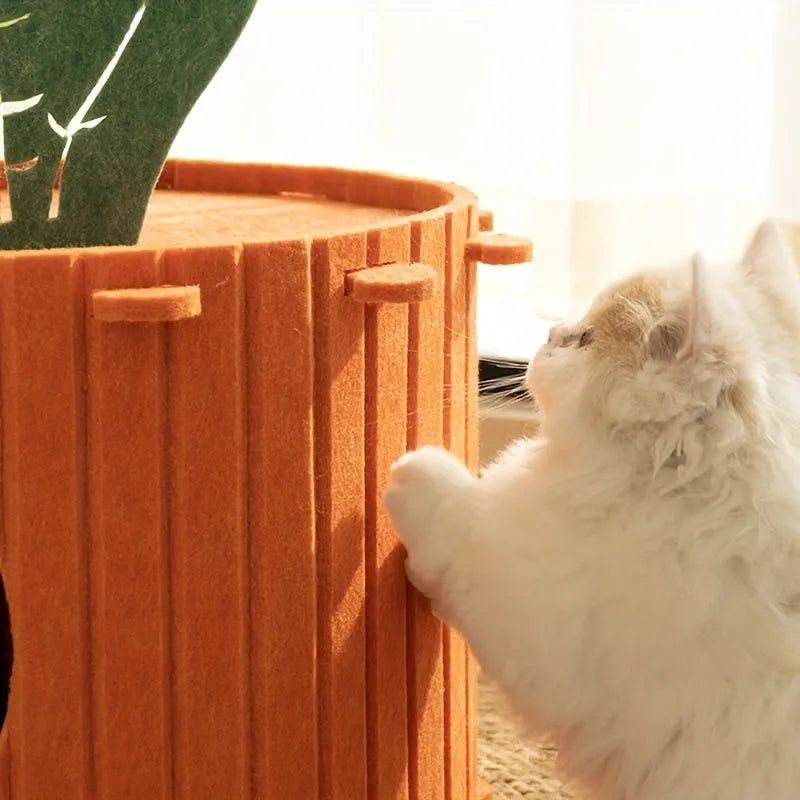 Carrot-shaped felt cat nest with tunnel entry in medium and large sizes