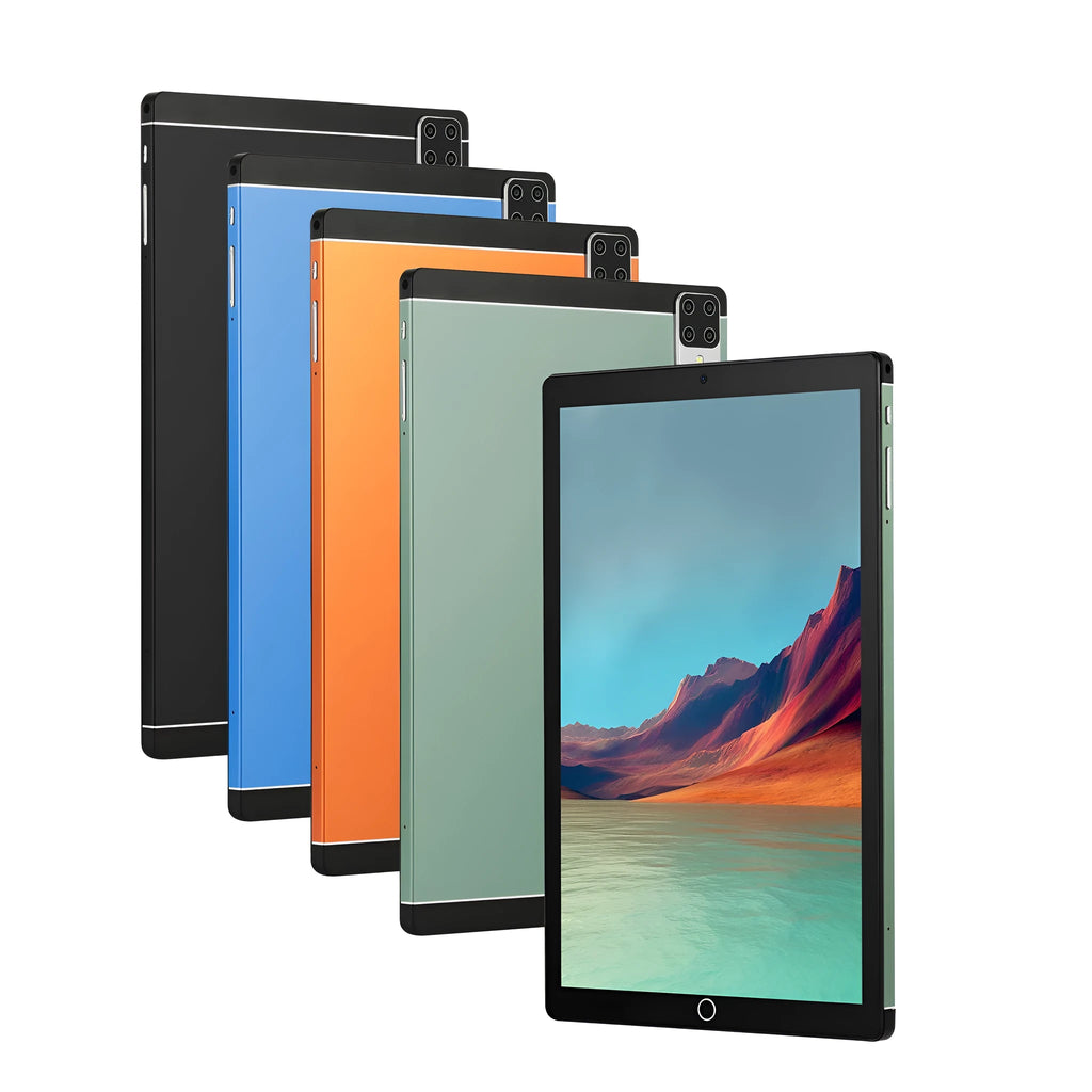 Android 15 tablet PC with 11.6 inch IPS screen showing four colour options: black, blue, green and orange