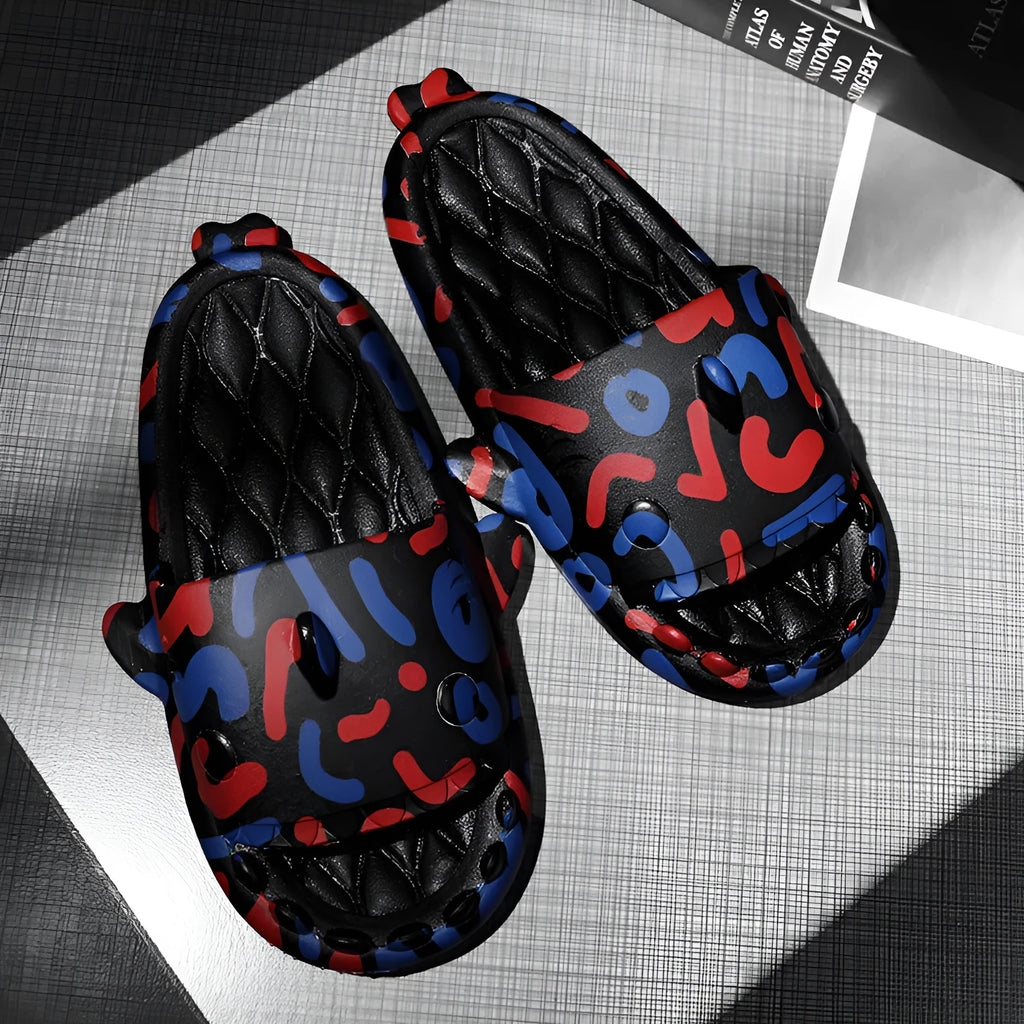 EVA shark slippers in various colours with open-toe design showing sizes 36-45