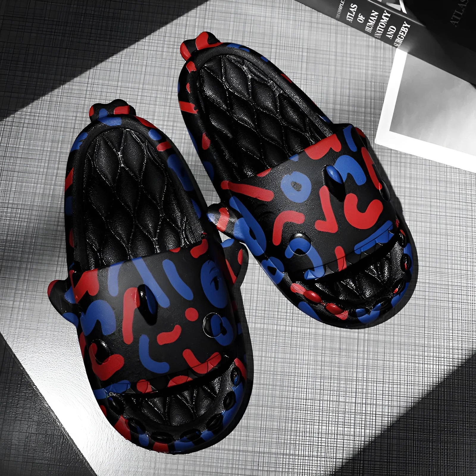EVA shark slippers in various colours with open-toe design showing sizes 36-45