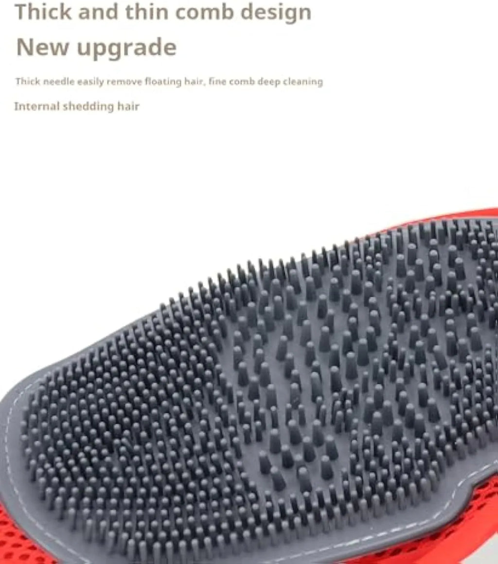 Red pet bathing and grooming glove with integrated brush, shown on a hand.