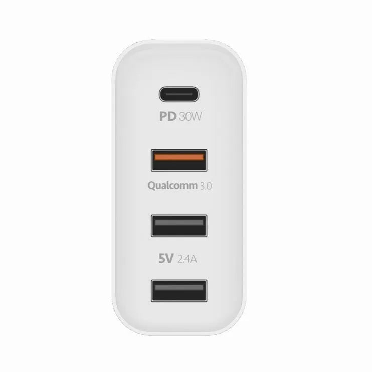 48W USB-C wall charger with four ports in black or white with international plug options
