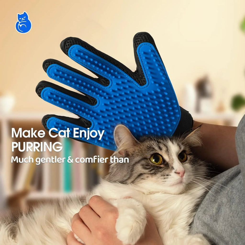 Blue pet grooming gloves with silicone tips for gentle hair removal during brushing and washing