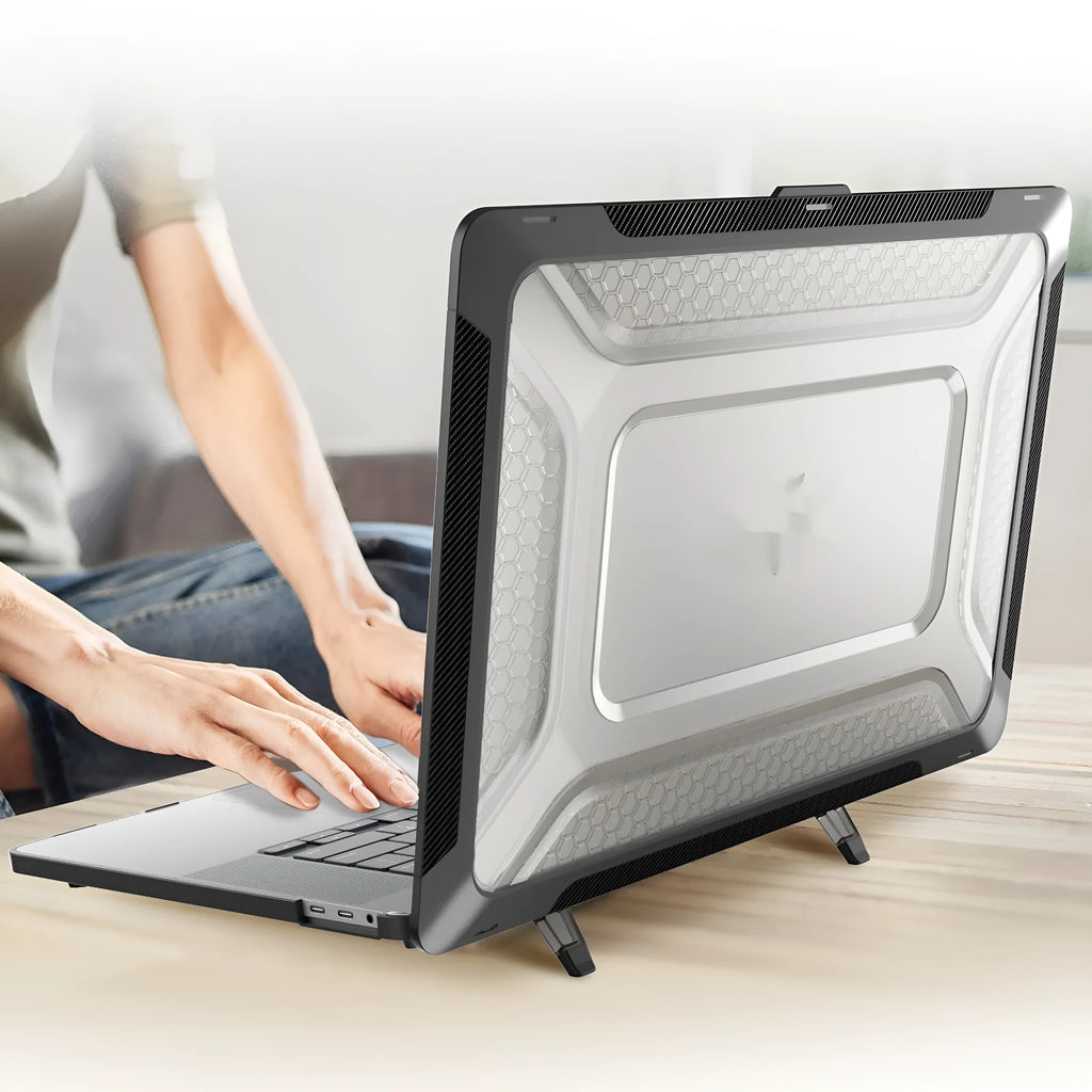 MacBook Protective hard shell case in cool black, starry sky gray, elegant apricot, and sapphire blue colours.