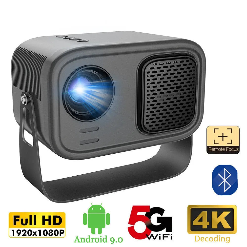 Black HD smart portable projector with remote control on table