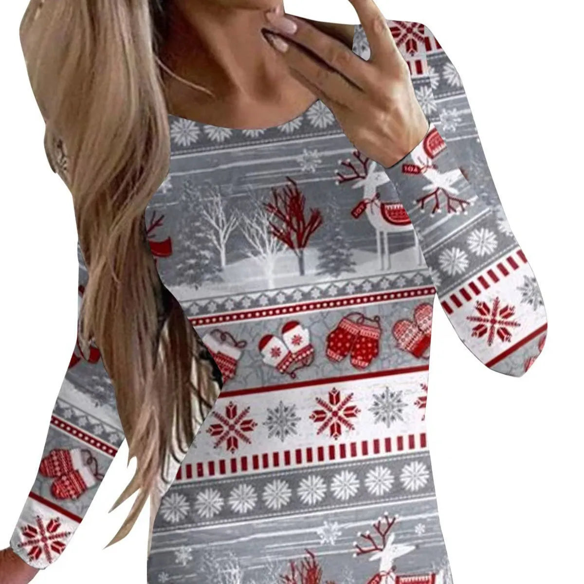 Red Christmas dress with animal print pattern, round neck, long sleeves, and a short tight-fitting hip skirt.