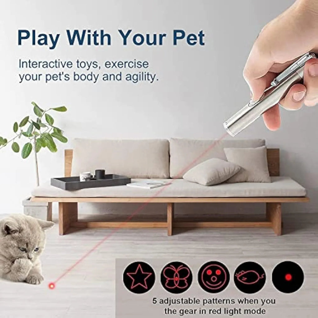 Silver aluminium alloy cat toy pointer with USB charging and multiple light patterns for indoor play