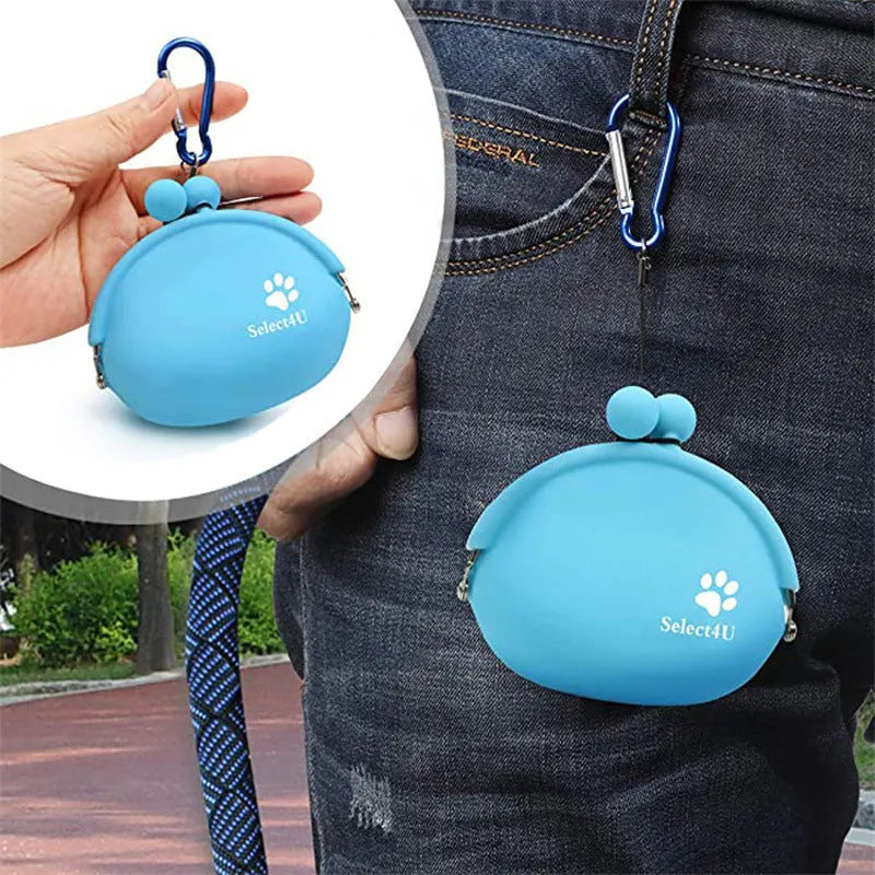 Yellow silicone dog training treat pouch with hook and loop closure on a waistband.
