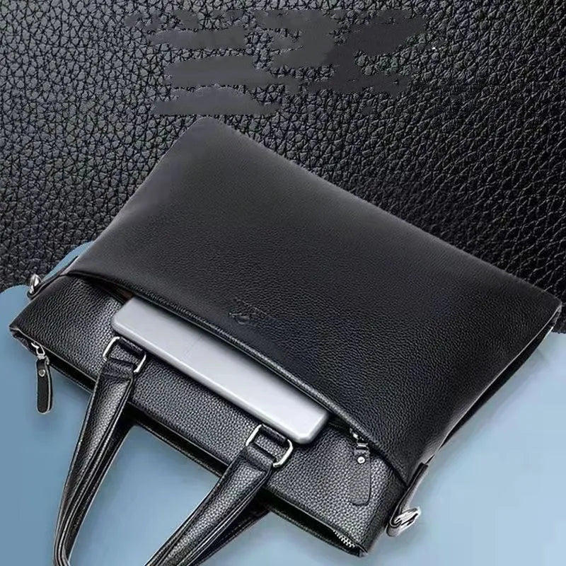Men's black PU leather messenger bag with splicing design and crossbody strap
