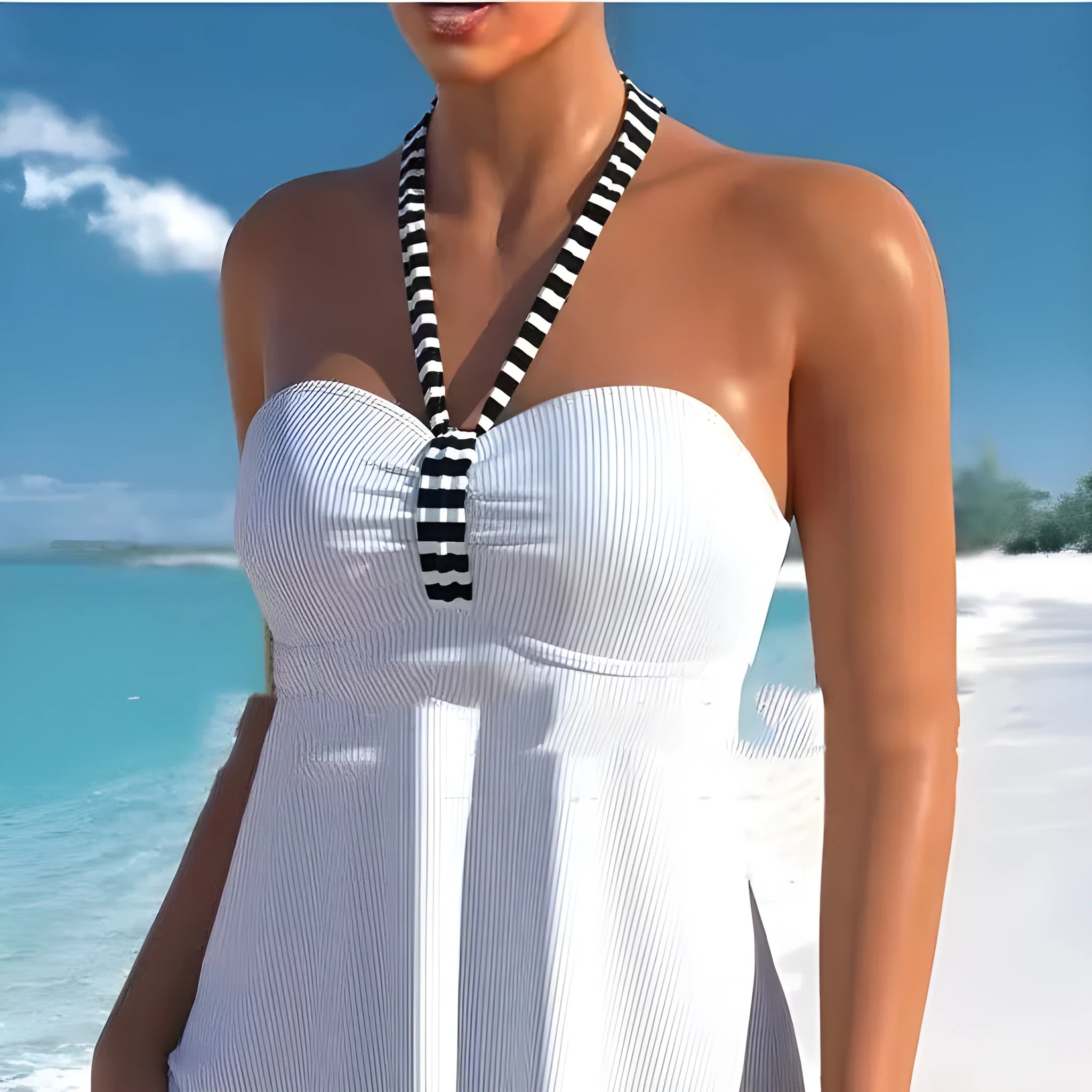 Women's off-shoulder black and white striped swimsuit with brief style design