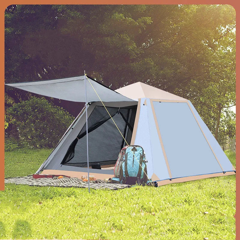 Fully automatic quick-open double-layer camping tent with aluminum poles, sunscreen fabric, and anti-mosquito mesh, in white.