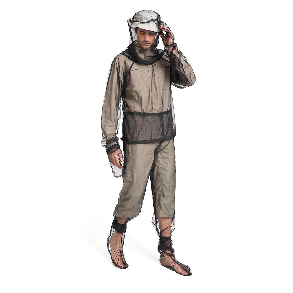 Mosquito protection suit set comprising hooded top, trousers and booties in breathable mesh fabric