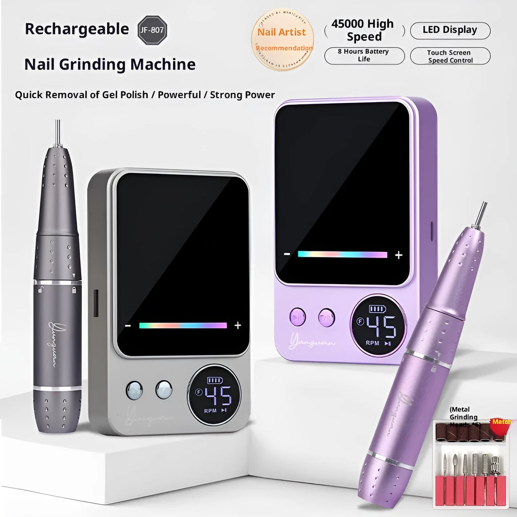 Rechargeable electric nail polishing machine in purple with USB charging cord