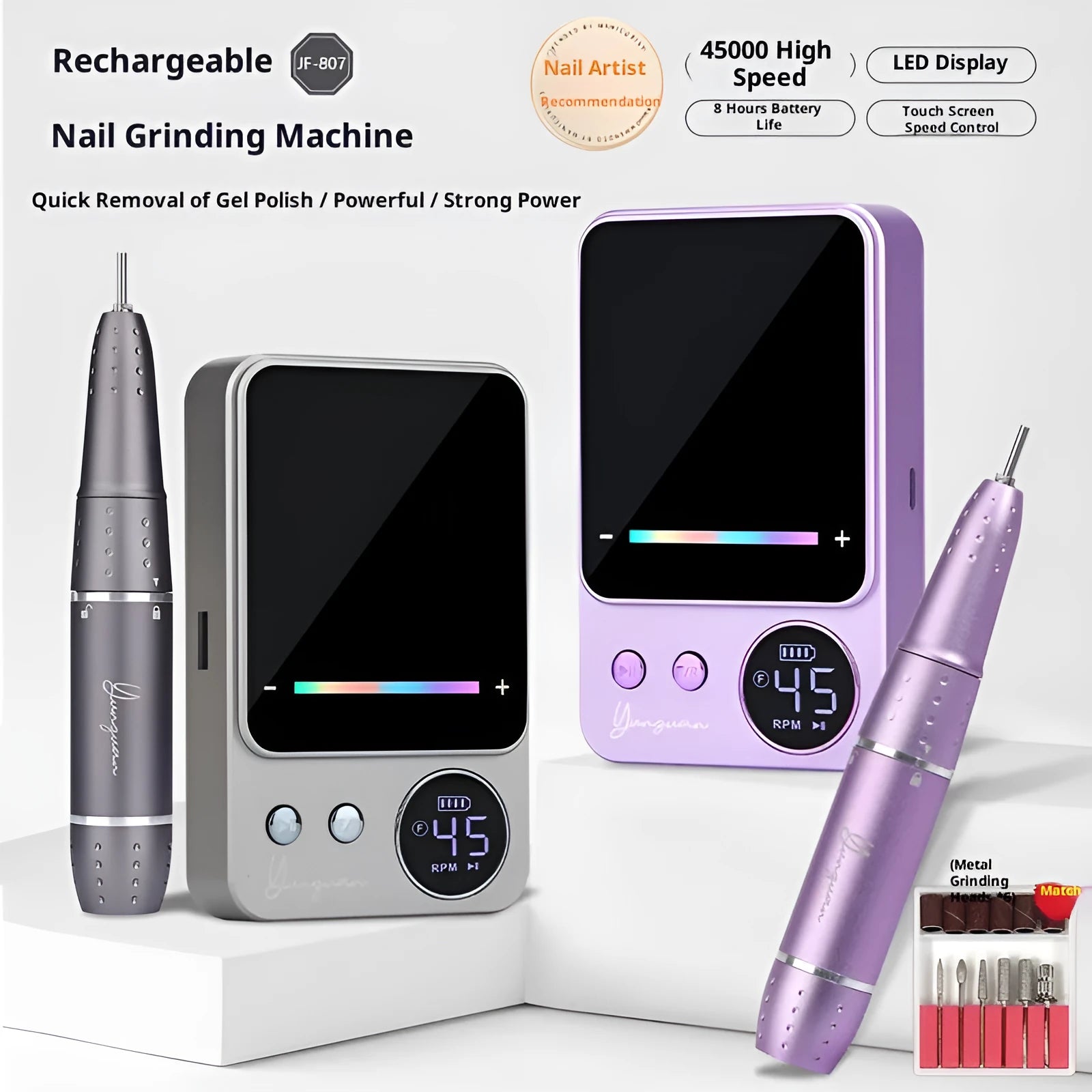 Rechargeable electric nail polishing machine in purple with USB charging cord