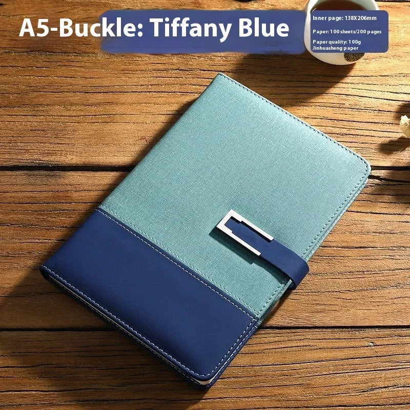 A5 business notebook with PU leather cover in brown, black, green, blue, or red, alongside a luxury gift box.