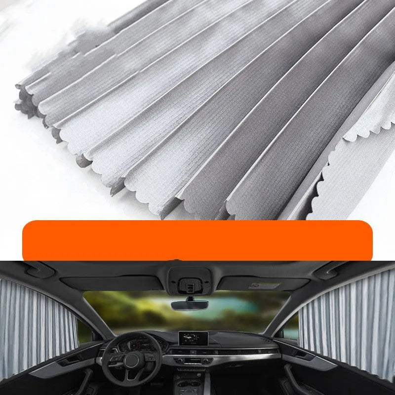 Thick opaque auto retractable car sunshade curtain in black on a car window
