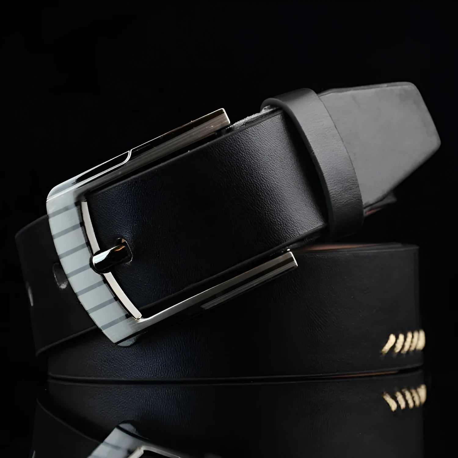 Men's retro-style imitation leather belt with pattern and alloy pin buckle, shown in black.