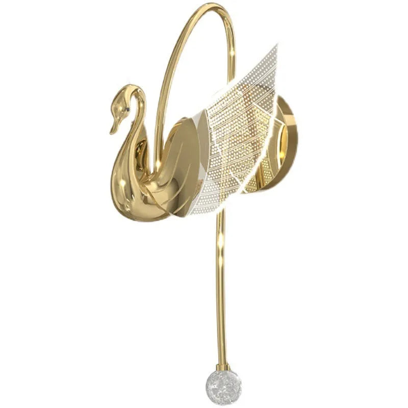 Gold minimalist swan-shaped wall lamp with an acrylic shade mounted on a wall.