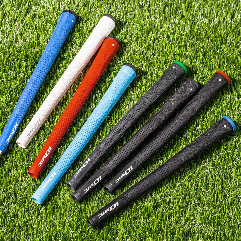 TPE material golf club grip shown in various colours including pink, red, blue, and black combinations.