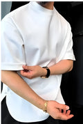 White men's heavyweight cotton t-shirt with buttoned round hem and chest pocket.