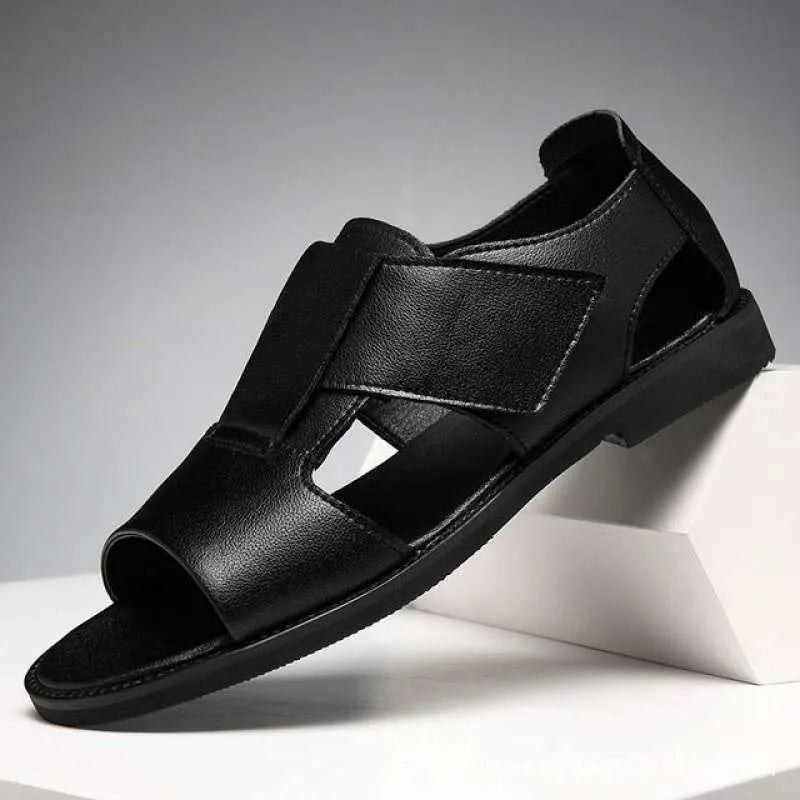 Men's black and brown leather casual sandals with open-toe design and rubber sole