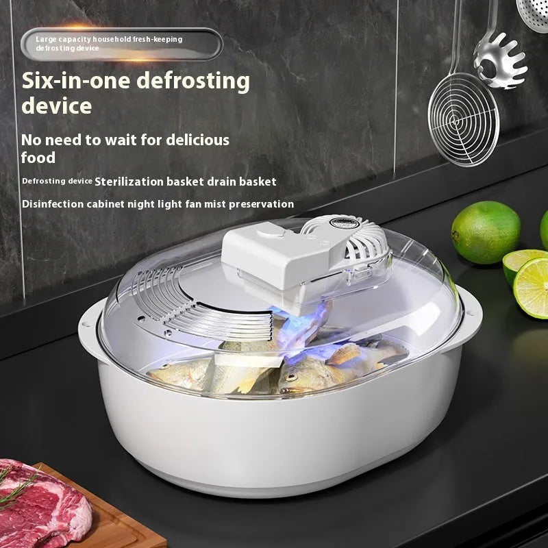 Aluminium household defrosting plate for food on a kitchen countertop.