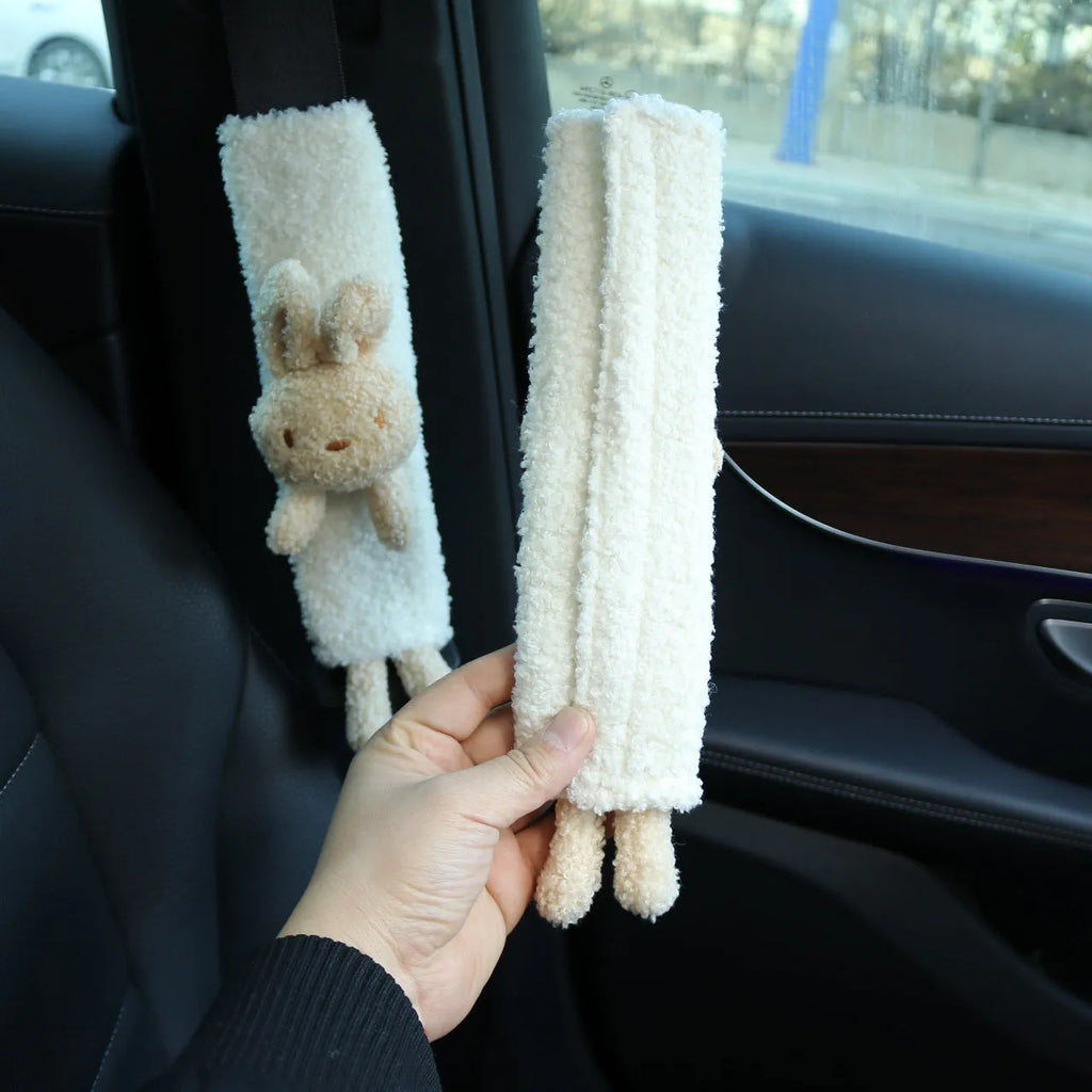 Plush lamb wool car seat belt shoulder protector with cartoon rabbit and bear designs