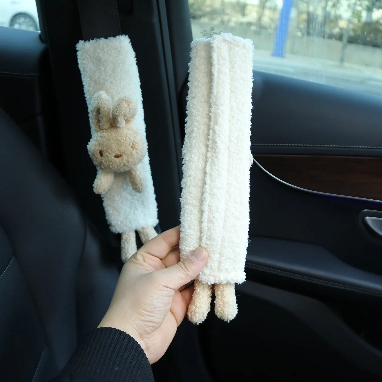 Plush lamb wool car seat belt shoulder protector with cartoon rabbit and bear designs