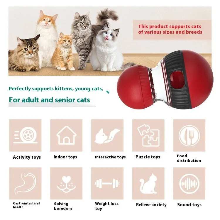 Rotating plastic cat toy with sound features and food-dropping mechanism in toy cat and super ball colours